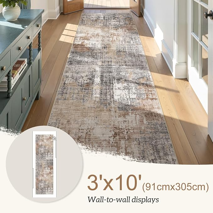 DMOYEST 3x10 Washable Runner Rug for Hallway: Soft Neutral Modern Abstract Low Pile Rug Indoor - Carpet for Bedroom Dining Room Kitchen Entryway - Grey Brown
