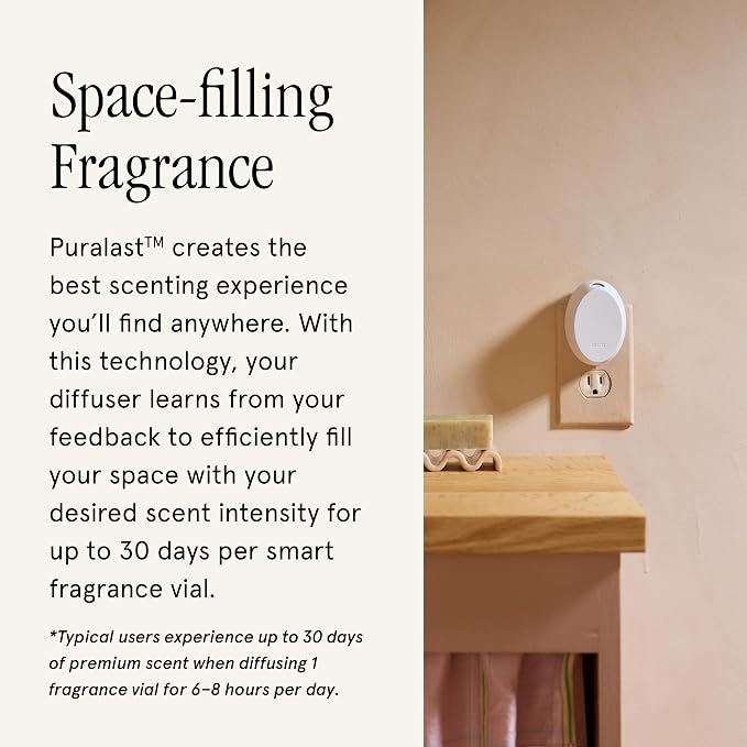 Pura Home Mini Fragrance Diffuser for Small Spaces Adjustable Smart Home Device with LED Light & Automatic Vial Detection - Includes 1 Scent Refill - White Tea no.1