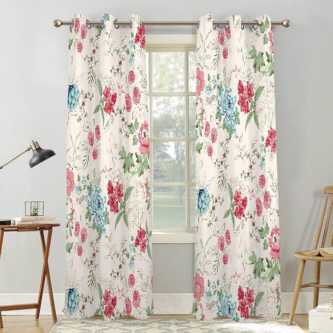 Renaiss Boho Flower Blackout Curtains Wild Blue Pink Floral Thermal Insulated Window Drapes for Bedroom 42W x 96L inches 2 Panel Set Beige Window Curtain Panels for Living Room