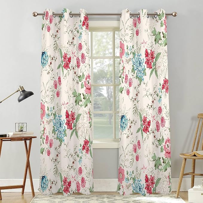 Renaiss Boho Flower Blackout Curtains Wild Blue Pink Floral Thermal Insulated Window Drapes for Bedroom 29W x 55L inches 2 Panel Set Beige Window Curtain Panels for Kitchen