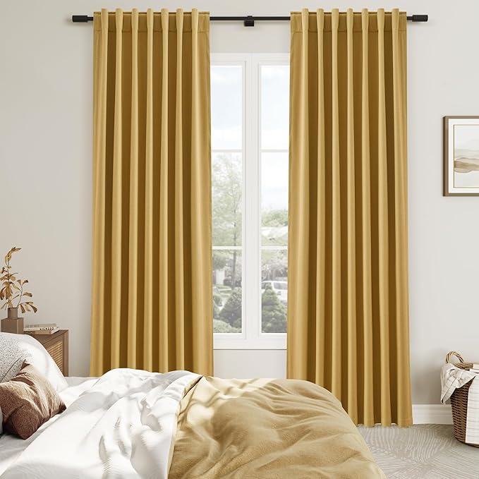 Joywell 100% Blackout Linen Curtains 108 Inch Long for Large Bedroom Window Black Out Curtain Light Blocking Drapes Floor to Ceiling Hook Belt Back Tab 2 Panels Set,52 x 108,Gold