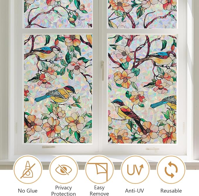 Kromapolis Window Privacy Film, Stained Glass Sticker Floral Window Clings, Decorative Static Clings UV Blocking Colorful Decals, Removable Vinyl Covering Rainbow Camellia, 17.5'' x 78.7''