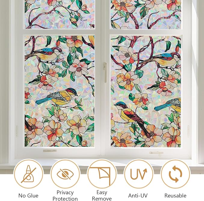 Kromapolis Window Privacy Film, Stained Glass Sticker Floral Window Clings, Decorative Static Clings UV Blocking Colorful Decals, Removable Vinyl Covering Rainbow Camellia, 17.5'' x 157.4''