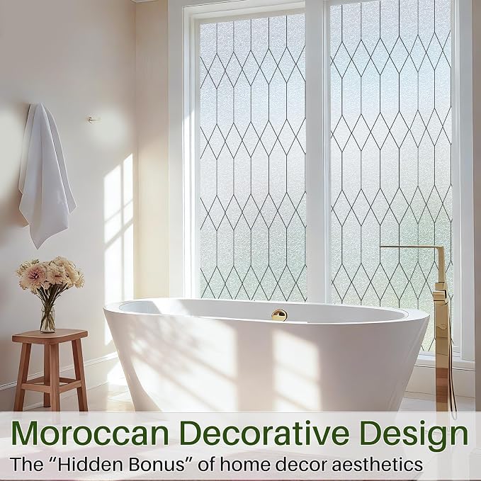 Windimiley Window Privacy Film Stained Glass Static Clings, Bathroom Frosted Leaded Decorative Window Stickers, UV Heat Blocking Opaque Removable for Home Door Coverings (23.6 x 394 in,Pure)