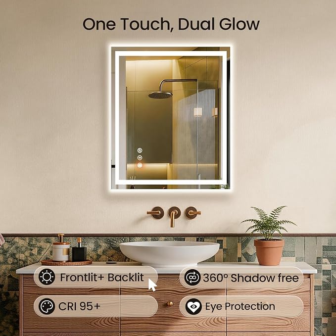 24X32 LED Bathroom Mirror with Lights, Anti-Fog, Backlit + Front Lit (CRI>90), Lighted Bathroom Vanity Mirror for Wall, Memory Function, Dimmable, Tempered Glass, Shatter-Proof