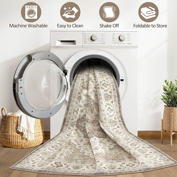 10x13 Area Rug Living Room: Washable Boho Large Neutral Vintage Soft Rug Stain Resistant Farmhouse Non-Slip Indoor Floor Carpet for Bedroom Nursery Kids Playroom Office Dining Room Home- Brown Beige