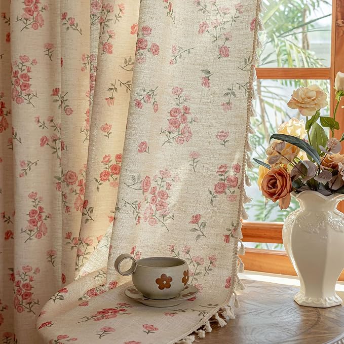 OYX Pink Boho Floral Curtains 84 Inch Long 2 panels, French Vintage Farmhouse Patterned Decor Window Drapes With Tassels, Girls Semi-Sheer Light Filtering For Bedroom Living Room (Rod Pocket, 52Wx84L)