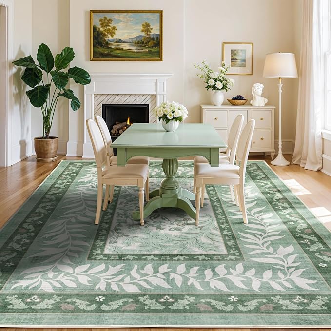 LIANLAM Washable Rug 9x12 Area Rugs for Living Room - Stain Resistant Non-Slip Backing Floral Design Rug for Bedroom,Durable & Ultra-Thin Vintage Large Area Rug(9x12,Green)