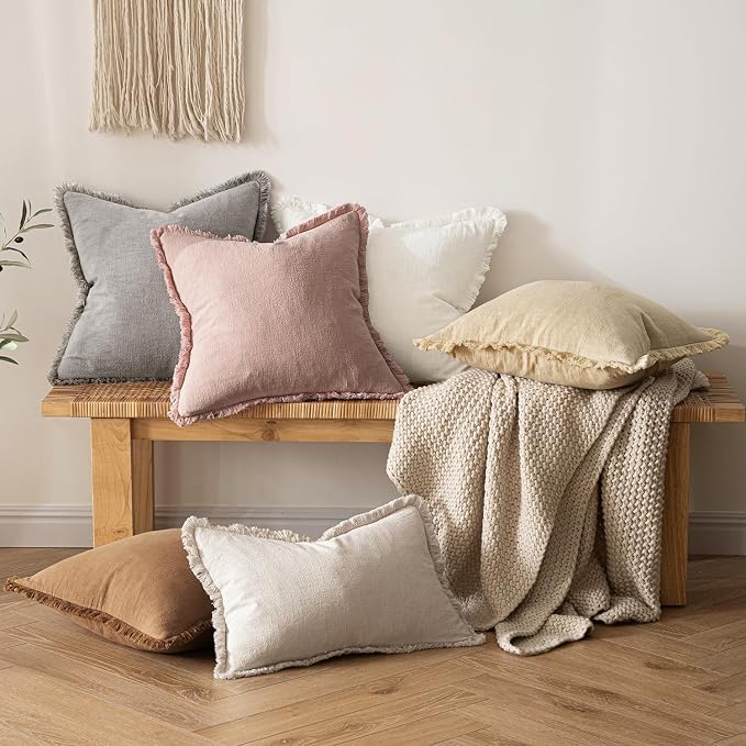 MIULEE Valentines Decorative Throw Pillow Covers Neutral Linen Fringe Throw Pillows Set of 2 Pink Boho Farmhouse Cushion Covers with Tassels for Couch Sofa Bed Living Room Spring Decor 20x20 Inch