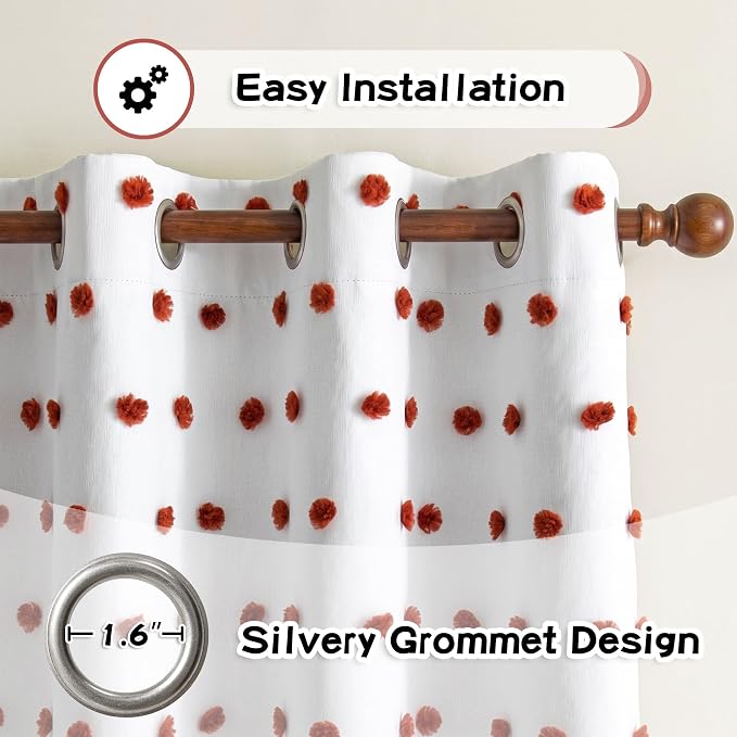 MYSKY HOME Blackout Bohemian Curtains for Living Room 95 Inch Long Nursery Curtain for Sliding Door Grommet 100% Room Darkening Bedroom Drapes with Brick Red Pom Pom Sheer 52 x 95 in, 2 Panels
