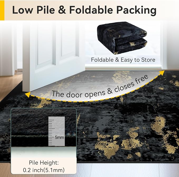 RELEANY Washable Area Rugs 8'x10' Non-Slip Modern Abstract Soft for Living Room Entryway Bedroom Kitchen, Print Pattern, Dark Black Gold