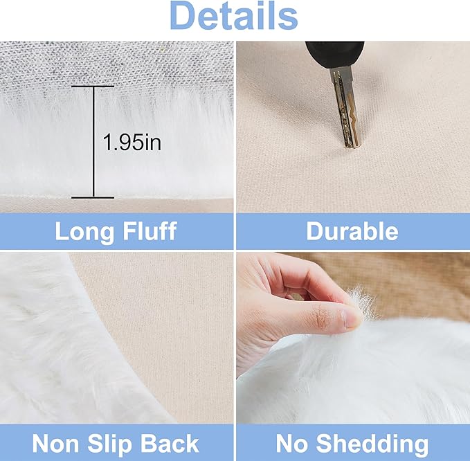 White Faux Fur Rug Small Round Fluffy Rug 2x2 Feet Round Rug for Kids Room Round Fuzzy Throw Rug for Bedroom Non-Slip Shag Faux Fur White Circle for Living Room Round Furry Rugs for Girls Room