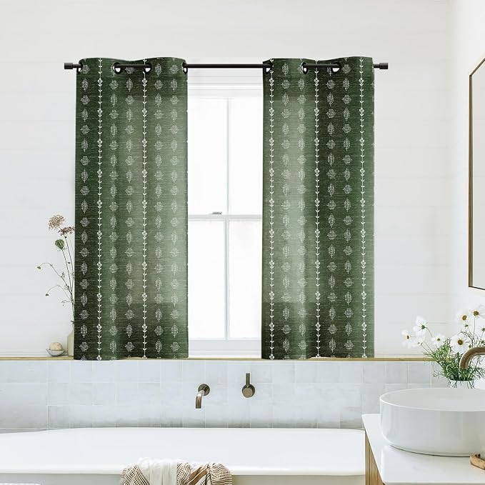 Bathroom Curtains Window,Boho Sheer Dark Olive Green Short Curtain for Bedroom 45 Inch Length