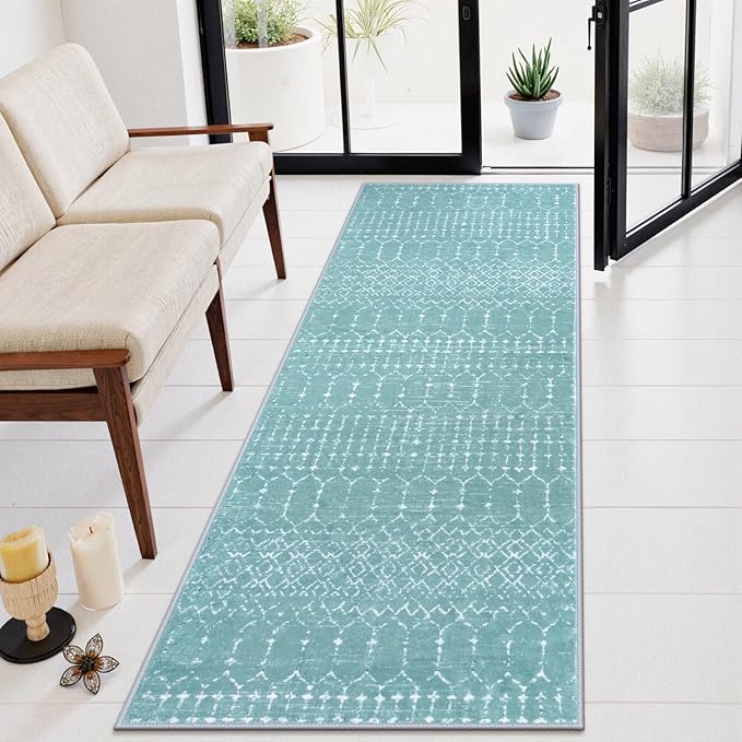 Lahome Moroccan Washable Runner Rug 2x8 Green Non-Slip Rug Runner for Hallway Stain Resisitant Kitchen Carpet, Geometric Print Distressed Soft Untra-Thin Floor Carpet for Kitchen Bedroom Entryway Hana