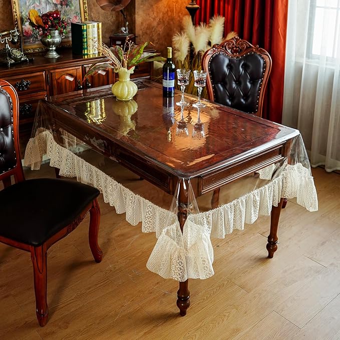 SUTAVIA Clear PVC Tablecloth Lace Ruffle Edge Transparent Oilproof Rectangular Table Protector for Dining Table Kitchen Home Party Outdoor Picnic (Cream Ruffle, Oblong, 60"x84")