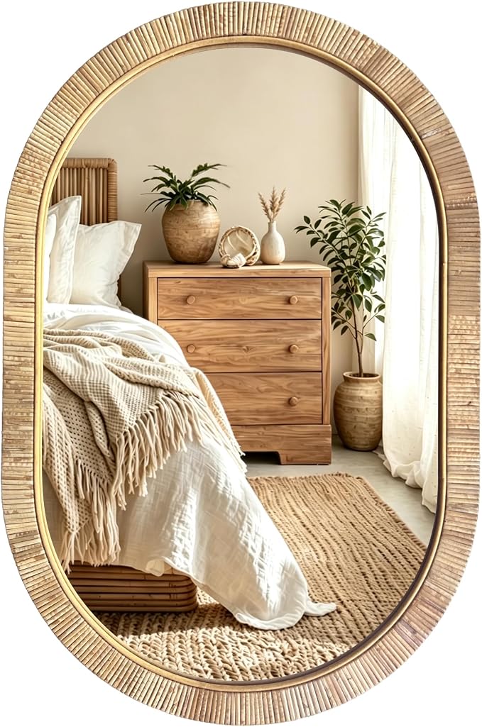 Decorative Rattan Wall Mirror, Boho Bathroom Modern Makeup, Rustic Wall Bohemia Mirrors for Bedroom, Living Room, Vanity Versatile Farmhouse, Nursery, Bathroom (Oval 36“x24”)