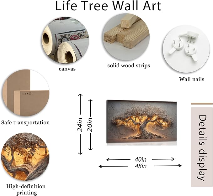 ZAWUDVC Large Tree of Life Wall Art, Neutral Nature Big Tree Botanical Canvas Print Poster, Rustic Stone Wall Decor for Living Room Bedroom Hotel, Earth Tone,