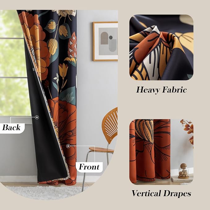 Tyrot Black Boho Floral Blackout Curtains for Sliding Glass Doors 84 inch Length Extra Wide Curtains for Patio Sliding Door Living Room, Grommet Room Divider Thermal Insulated Curtains, W100 x L84