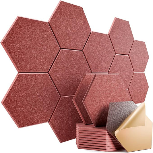 12 Pack Self-Adhesive Acoustic Panels 12" X 10" X 0.4" - Sound Proof Foam Panels with High Density, Stylish Hexagonal Design, Flame Resistant, Absorb Noise and Eliminate Echoes(Red)