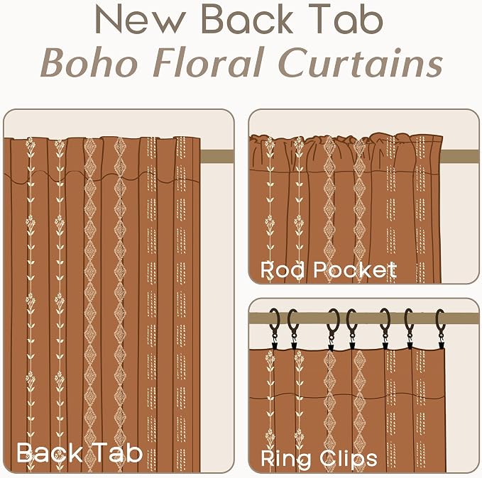 Vintage Bohemian Pattern Curtains 96 Inches Long 2 Panel Set,Sheer Hippie Terracotta and Cream Floral Print Patterned Boho Ceiling to Floor Length Modern Aztec Western Curtains for Living Room Bedroom