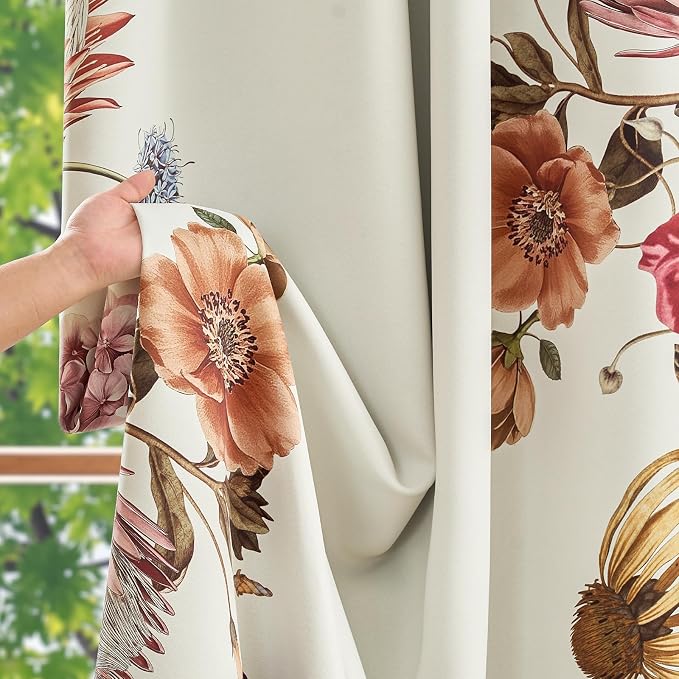 jinchan Hannah Floral Blackout Curtains with Retro Vintage Beige Boho Flower Print Drapes for Bedroom Living Room Fall Decor Window Curtains Room Darkening 96 Inches Length 2 Panels Set with Grommet