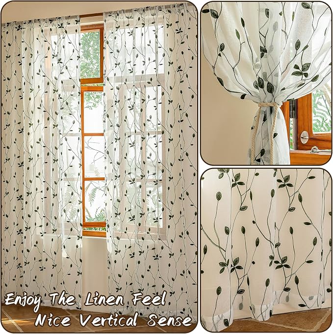 AmHoo 2 Panels Embroidered Leaf Pattern Semi Sheer Curtains Foliage Floral Voile Window Draperies Treatment for Bedroom Living Room Rod Pocket White Olive Green 53 x 63 Inch