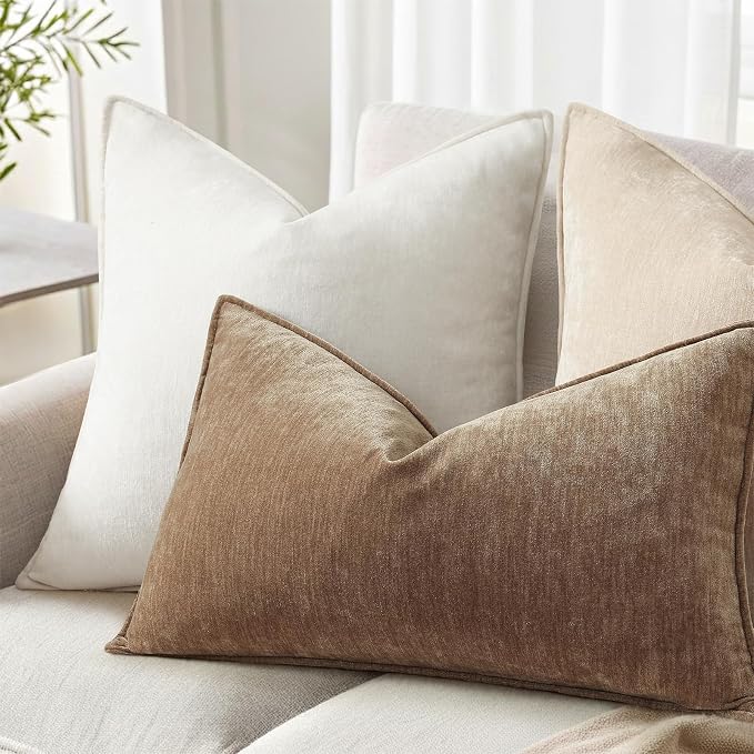 decorUhome Fall Couch Throw Pillow Covers 12x20 Set of 2, Decorative Soft Velvet Modern Cozy Chenille Lumbar Pillow Cases with Elegant Design for Sofa Bed Living Room Home Decor, Brown