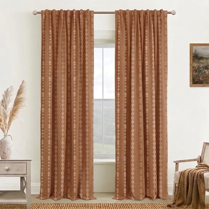 Vintage Floral Blackout Curtains 96 Inch Long, Burnt Orange Mid Century Modern Black Out Pleated Drapes, Boho Patterned Ceiling to Floor Length Curtain for Bedroom Living Room 2 Panel Set