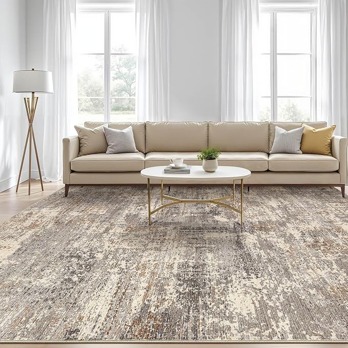 6x9 Area Rugs Living Room: Washable Large Abstract Neutral Modern Soft Rug Stain Resistant Indoor Floor Non-Slip Accent Carpet for Bedroom Nursery Playroom Dining Room Office Home- Sand Brown Black