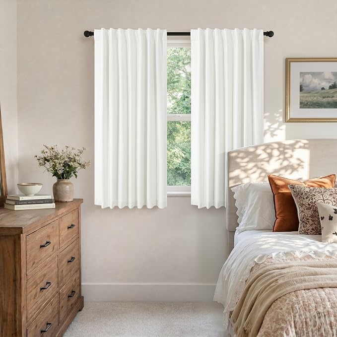 Pitalk Short Linen Textured Blackout Curtains for Kitchen Door 45 Inch Length Bedroom Living Room Bathroom Heat Light Blocking Cute Curtain 45 Inch Long 2 Panel Set Ivory Off White Back Tab Rod Pocket
