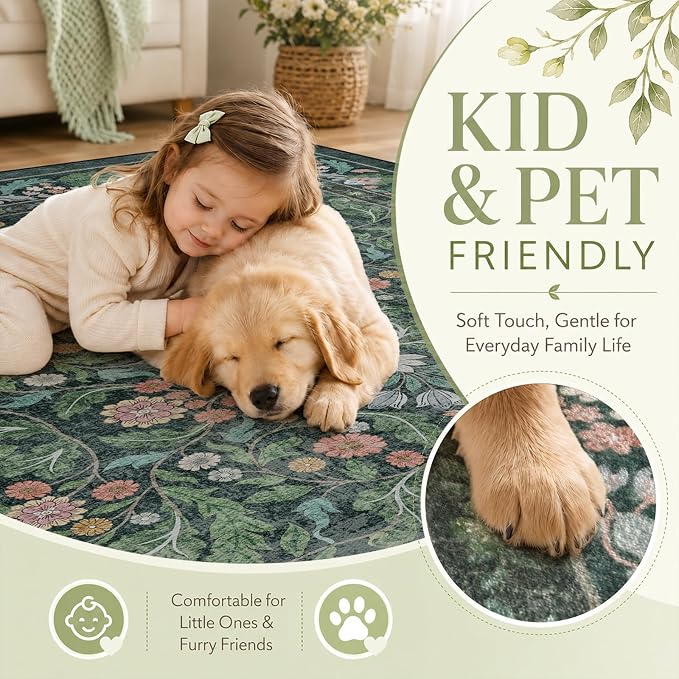 Floral Indoor Entrance 3x5 Area Rug, Washable Vintage Boho Entryway Rugs, Low Pile Non Slip Soft Carpet for Kitchen, Bedroom Beside, Laundry Room, Office Rug, Kids Room, Nursery Room， Green