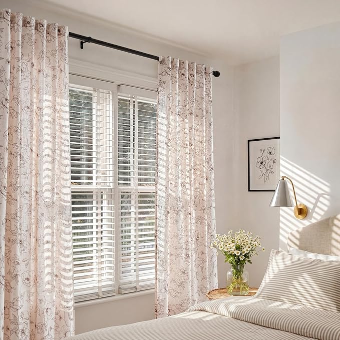 jinchan Floral Linen Curtains for Living Room 84 Inch Length Brown Flower Curtain Rod Pocket Back Tab Farmhouse Curtains with Printed Floral Bedroom Window Curtain Set, 2 Panels Brown