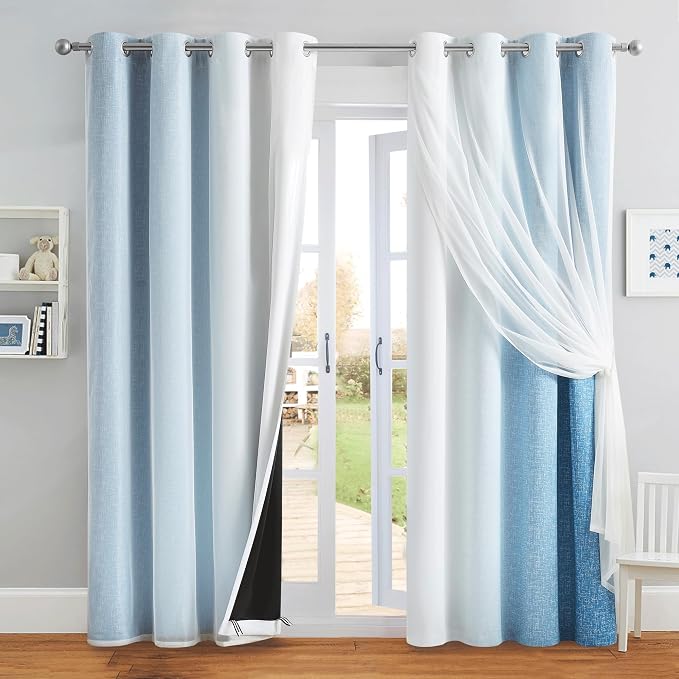 Ombre 100% Blackout Curtains 84 Inches Long 2 Panels for Bedroom Living Room Blue and White Double Layer Sheer Overlay Mix & Match Grommet Thermal Soundproof Drapes with Tiebacks, 52x84