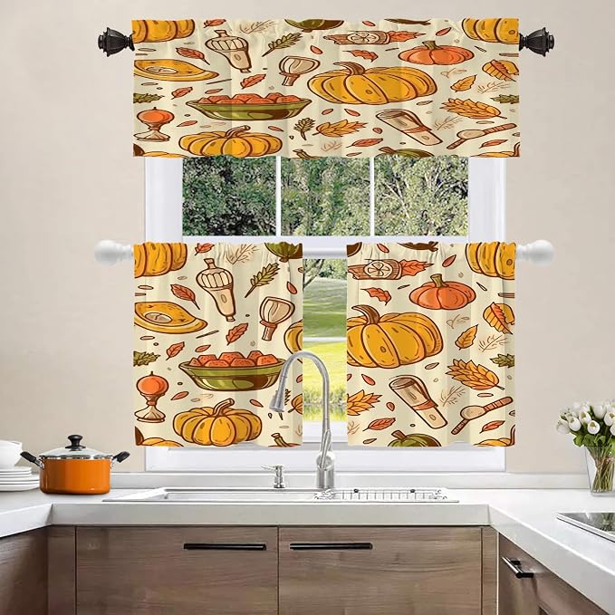 Shrahala Thanksgiving Seamless Pattern Blackout Short Curtains for Windows, Pumpkin Apple Pear Leaves Kitchen Valance Thermal Insulated Rod Pocket Window Treatment for Bathroom 52 X 18 in