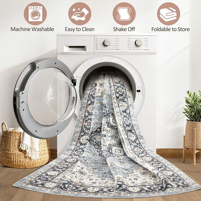 Runner Rug Kitchen Washable Rugs: 3x10 Non-Slip Boho Vintage Distressed Stain Resistant Indoor Neutral Farmhouse Throw Carpet for Hallway Bathroom Laundry Room Entryway Bedroom- Blue Tan