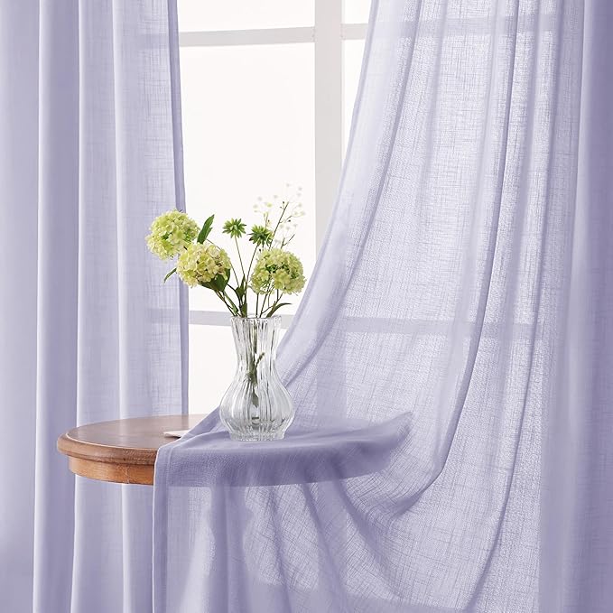 Lavender Back Tab Linen Curtains 102 Inches Length for Bedroom Living Room Semi Sheer Privacy Light Filtering Drapes Farmhouse Boho Texture Window Treatment Sets Violet Purple 52X102