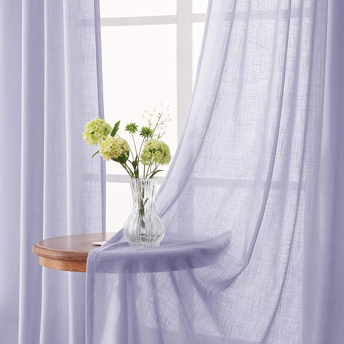 Lavender Semi Sheer Linen Curtains 96 Inches Long 2 Panels Set for Living Room Back Tab Light Filtering Long Drapes Modern Farmhouse Light Violet Purple Bedroom Decor 52X96