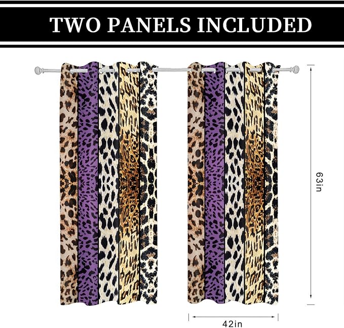 Wild Animal Print Curtain, Room Darkening Thermal Insulated Blackout Leopard Boa Window Drapes with Grommets for Living, Dining, Bedroom, Purple Leopard Print, 42"x 63", 2 Panels