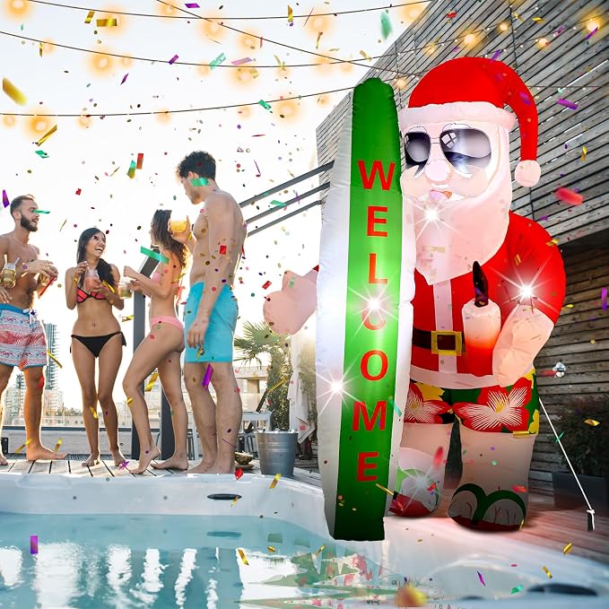 VIHOSE 5.4 Ft Christmas Inflatable Decorations Hawaiian Tropical Santa Claus on Beach Blow Up Yard Decor Build in Led Lights for Indoor Outdoor Garden Lawn Holiday Party
