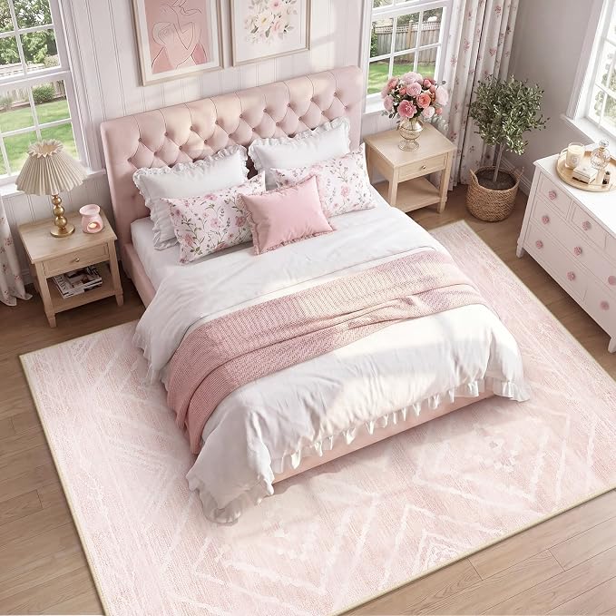 BESTSWEETIE Area Rug 9x12 Rug Machine Washable Non-Slip Low Pile Print Pattern Western Rug for Living Room Bedroom Entryway Tribal Series -Light Pink/Cream