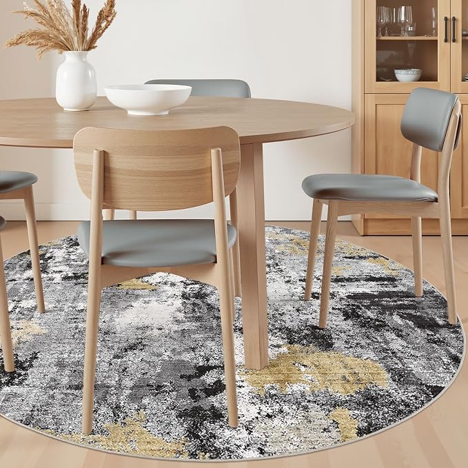 Abstract 5FT Round Rug: Machine Washable Non Slip Ultra Thin Low-Pile Carpet, Soft Stain Resistant for Living Room Bedroom Nursery, Kid Pet Friendly, Robot Vacuum Compatible - Black Gold
