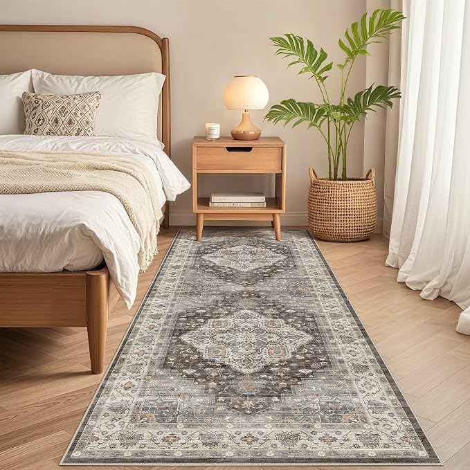 Runner Rug Kitchen Washable Rugs: 3x8 Non-Slip Boho Vintage Stain Resistant Indoor Neutral Farmhouse Throw Carpet for Hallway Bathroom Laundry Room Entryway Bedroom- Grey Brown