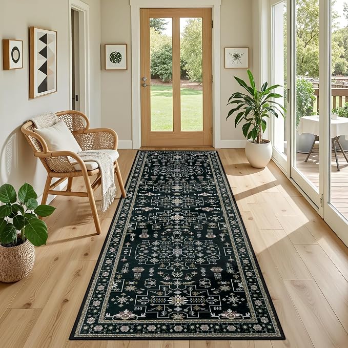 Hallway Runner Rug Non Slip - Washable 2.6x8 Kitchen Rugs for Living Room, Low-Pile Soft Bedroom Rug Indoor Floor Stain Resistant Carpets for Entryway, Laundry, Bathroom Black