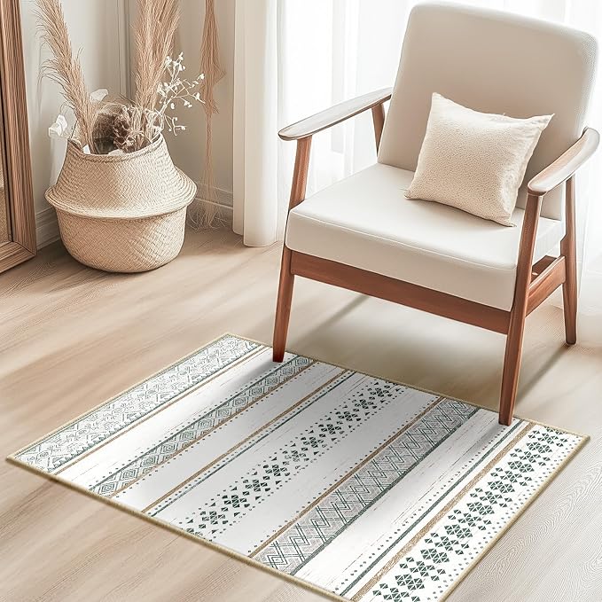 BESTSWEETIE 2x3 Area Rugs for Living Room Washable Moroccan Farmhouse Neutral Geometric Low Pile Non-Slip Soft Print Pattern Rug for Bedroom Kitchen Dining Room Entryway Green/Brown