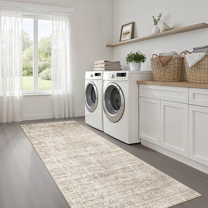 Runner Rug Non-Slip Kitchen Rug: 3x10 Washable Abstract Modern Soft Stain Resistant Indoor Floor Neutral Accent Throw Carpet for Hallway Bathroom Laundry Room Bedroom Entryway- Brown