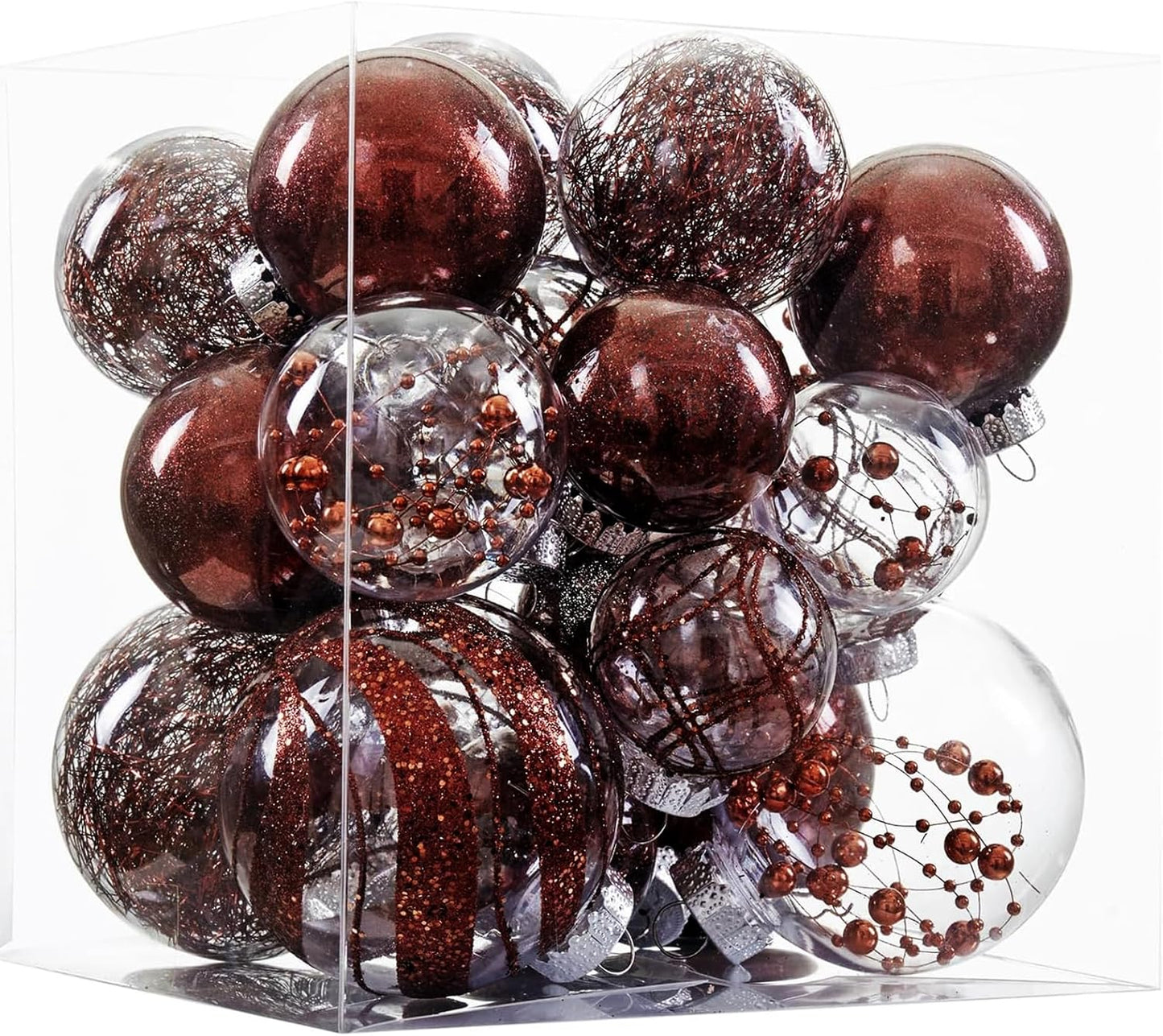 Clear Christmas Ball Ornaments,24ct Shatterproof Plastic Decorative Christmas Ornaments Hanging Xmas Tree Baubles Set with Stuffed Delicate Glittering Decorations for Holiday Party Home Decor (Brown)