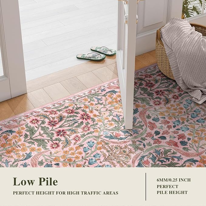 2x3 Washable Area Rug for Entryway Vintage Boho Floral Rug Non-Slip Low Pile Soft Faux Wool Small Carpet Kids and Pets Friendly for Bathroom Bedroom Kitchen Hallway Bedside Home Decor Rug Pink