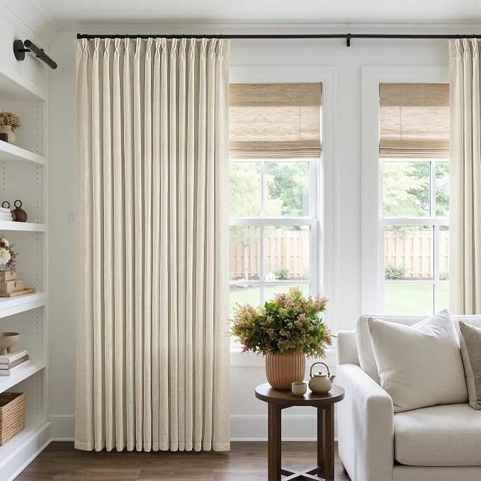 TWODRAPES Extra Wide Pinch Pleat 100 x 84 Inch Linen Curtains for Living Room Beige Light Filtering Semi Sheer Pleated Curtains for Patio Glass Sliding Door Dining Bedroom Large Window 100x84 1 Panel