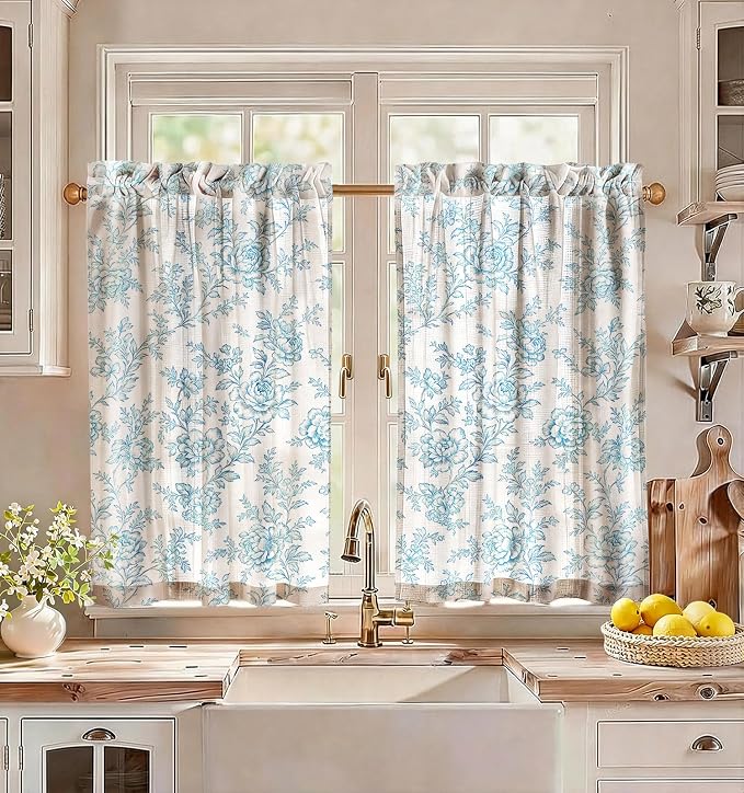 Miss Adola Farmhouse Kitchen Tier Curtains - 36 Inch Length Linen Blend Cafe Curtains Blue Floral Small Window Treatments Over Sink Rod Pocket for Bathroom Living Room Light Filtering, 2 Panels