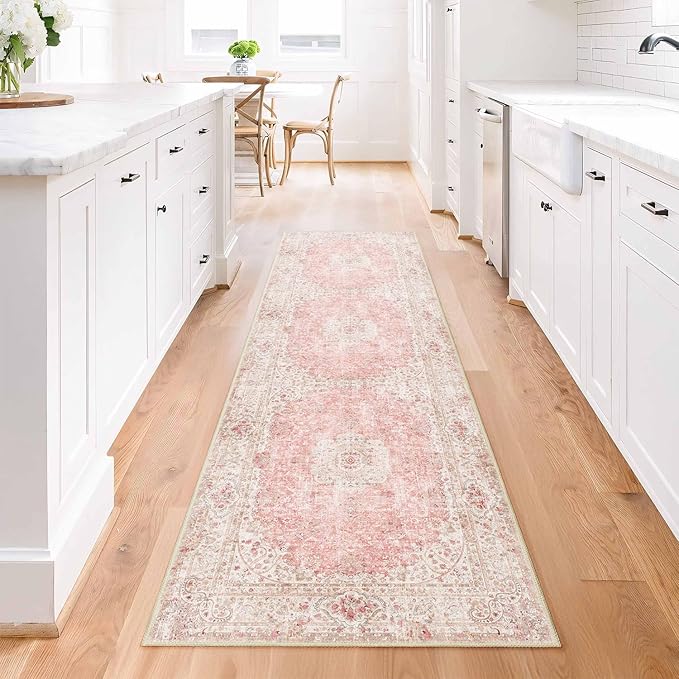 Washable Runner Rug 2x8,Pink Rug Runners Non Slip,Long Boho Rugs for Hallways Kitchen Bedroom Entryway Living Room Bathroom,Vintage Bohemian Distressed Floor Carpet,Blush